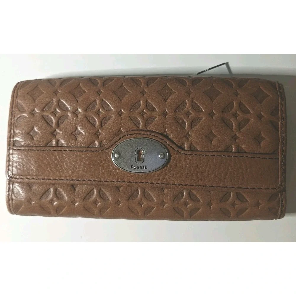 Vintage Fossil Leather Wallet Brown Embossed Keyhole Snap Zip Y2K Boho