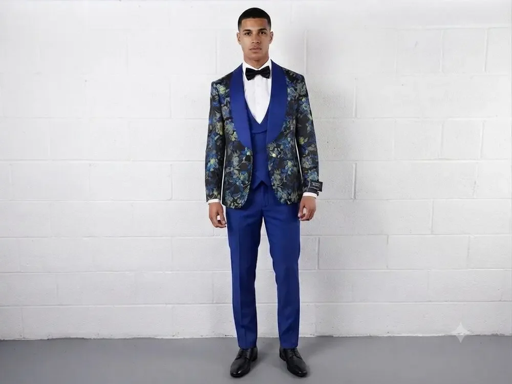 Pietro Scarlatti Mens Suit Tuxedo US 38 EU 48 Floral Blazer Vest Pants Blue T4