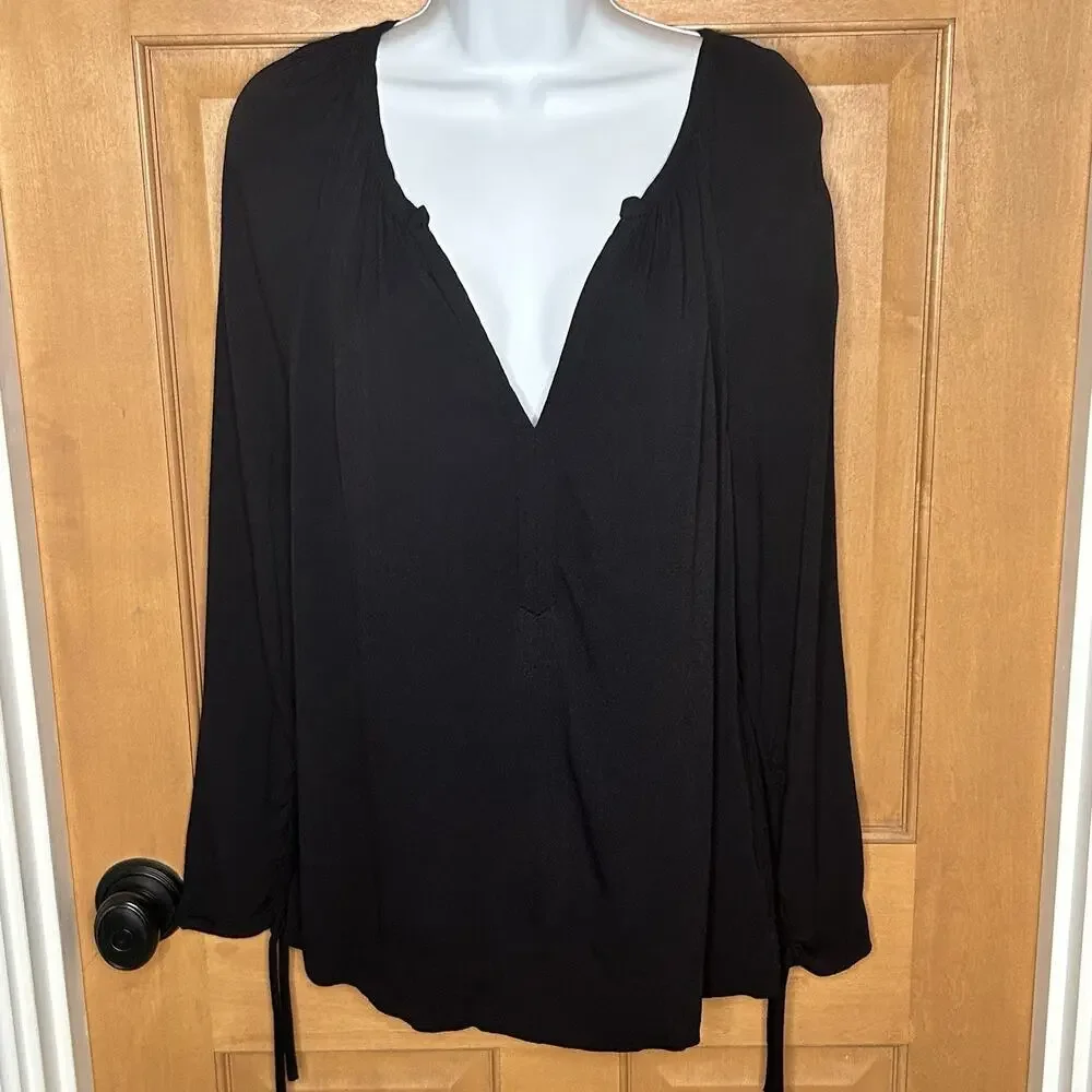J Crew V-Neck‎ Blouse L Black Ruched Sleeves Pleats Minimalist Capsule J6240