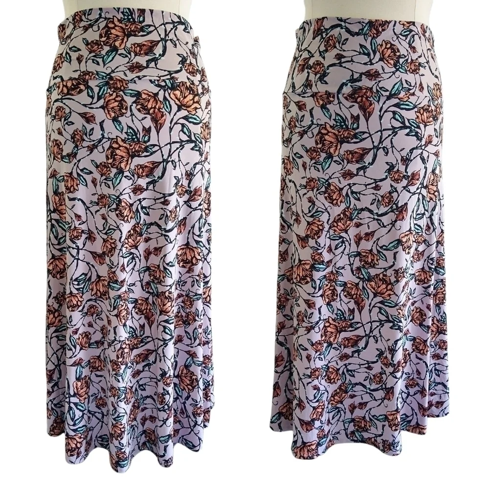 Lularoe Pale Pink Orange Floral Maxi Skirt Pull On Stretchy Colorful Romantic