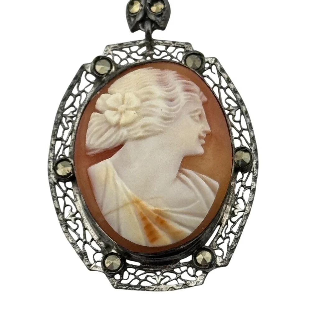 Vintage‎ Art Deco Sterling Silver Filigree Marcasite Carved Shell Cameo Pendant