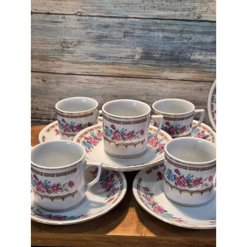 Vintage Floral Tea Cups and Saucers Set of 6‎ Porcelain Espresso Coffee Date