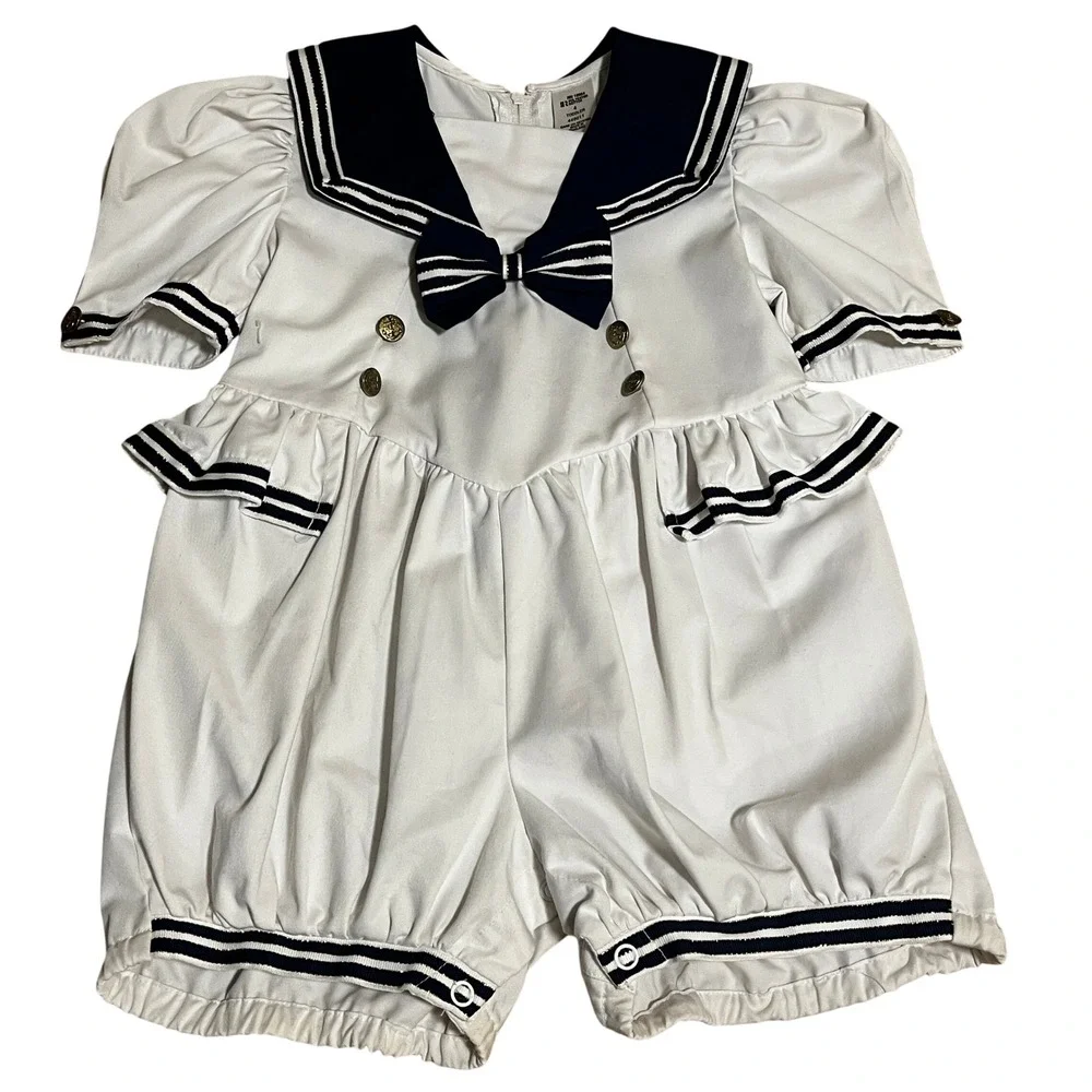 Vintage Sailor‎ Romper Toddler 4 White Navy Nautical Striped Puff Sleeve