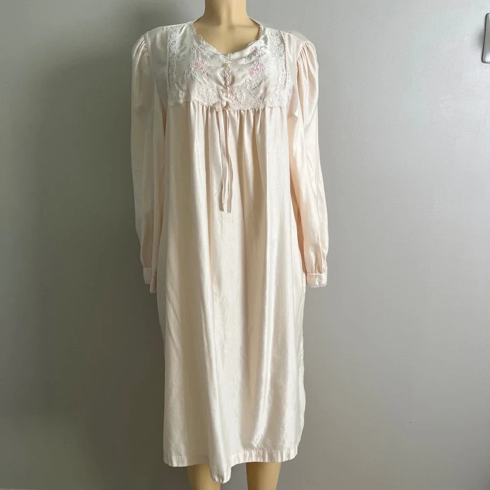 Lady Barbizon‎ Nightgown L Peach Pink Floral Lace Long Sleeve Loungewear Women
