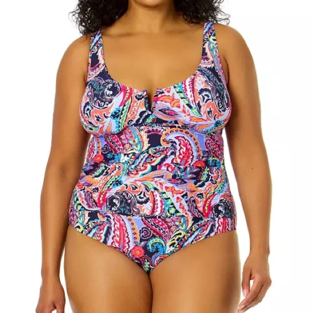 Plus Size Notched Scoop-Neck One-Piece Swimsuit