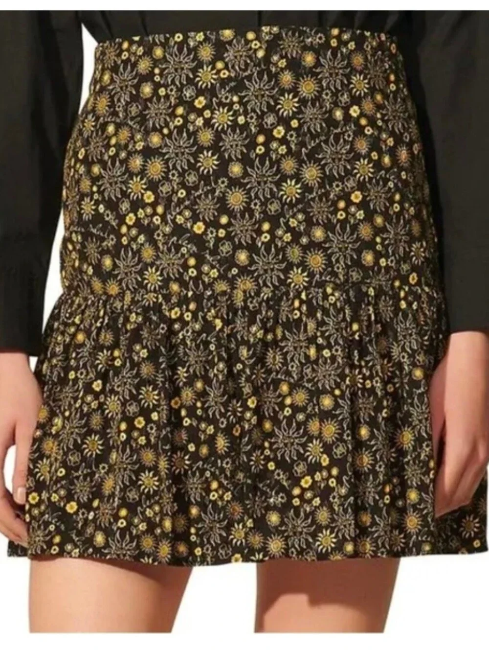 Sandro‎ Cerise Sun Floral Whimsigoth Black Gold Tiered Mini Skirt Size Small (1)