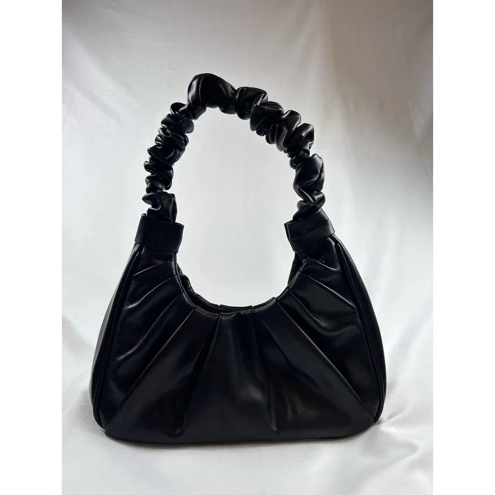 Black Ruched‎ Hobo Shoulder Bag Slouchy Crescent Faux Leather Y2K Baguette Purse