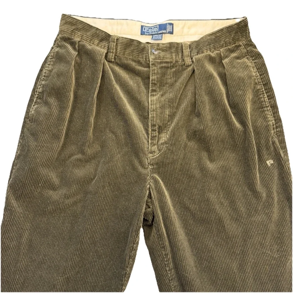 VTG. Polo Ralph Lauren Men's Olive‎ Green Corduroy Andrew Pant Thrashed 32 x 30