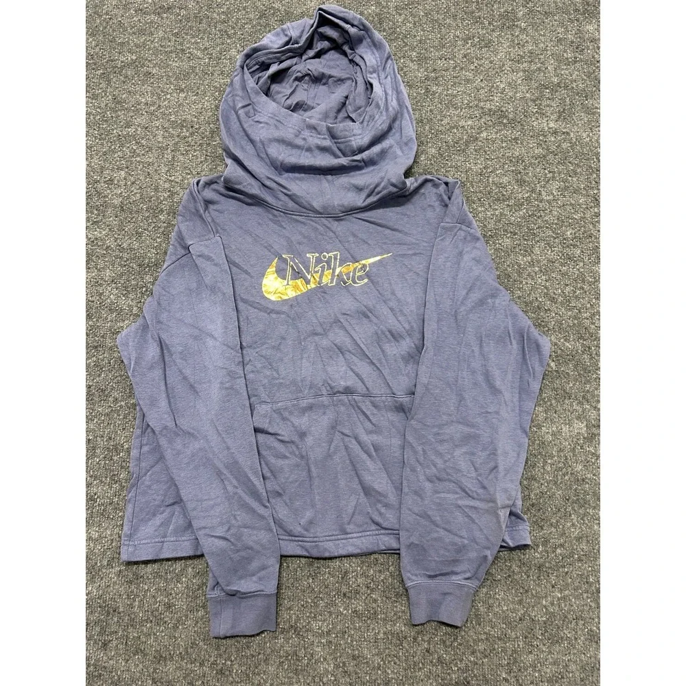 Nike Hoodie Womens Size S Purple Viscose Blend Cowl Neck Gold Foil Logo Cropped