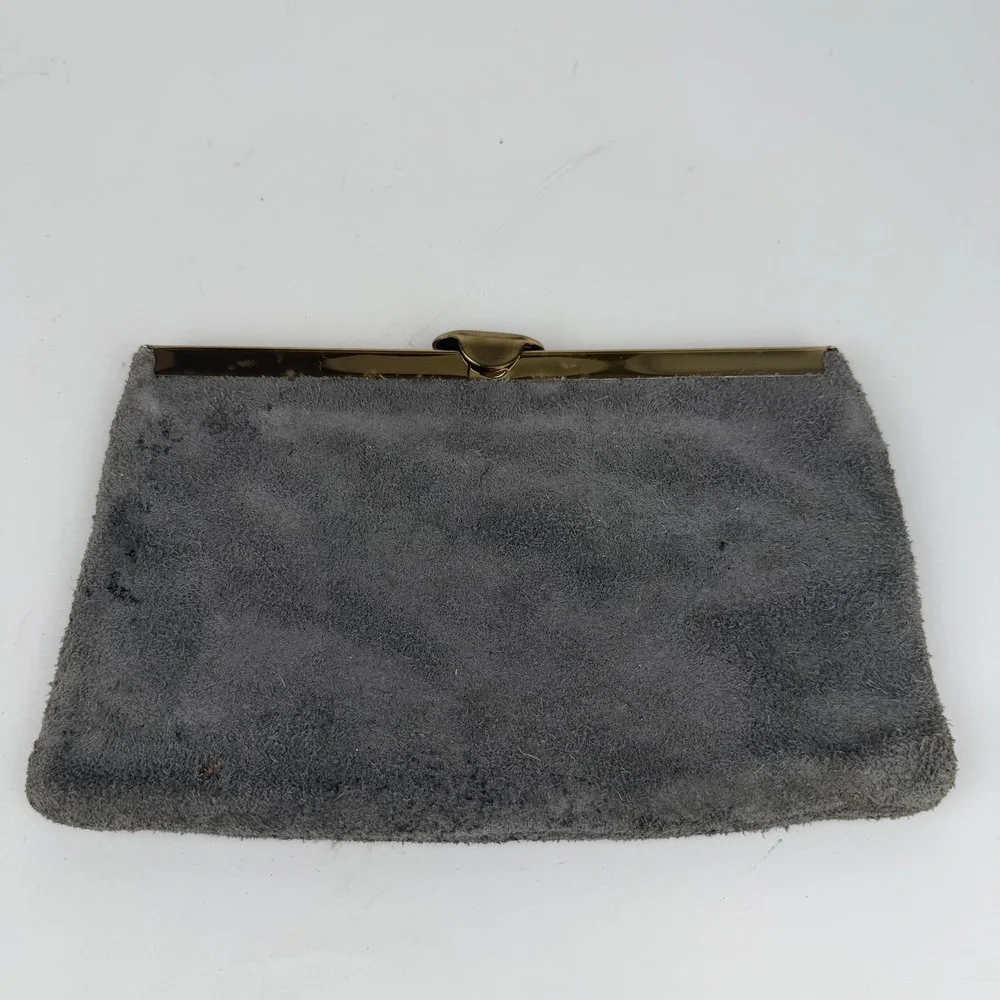 Vintage Etra Clutch Womens Small Gray Suede Evening Bag‎ Gold Tone Frame Chain
