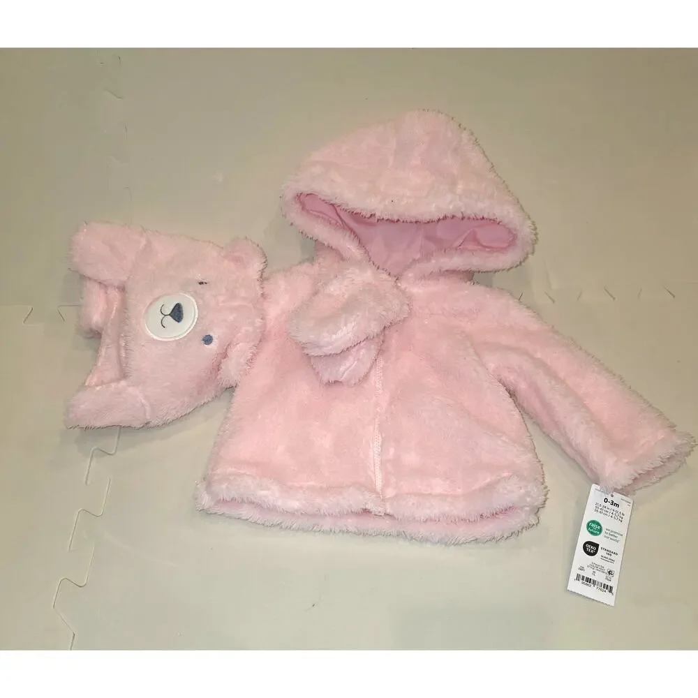 NWT Carters soft pink bear fleece zip up‎ jacket with hat and gloves sz 0-3mo