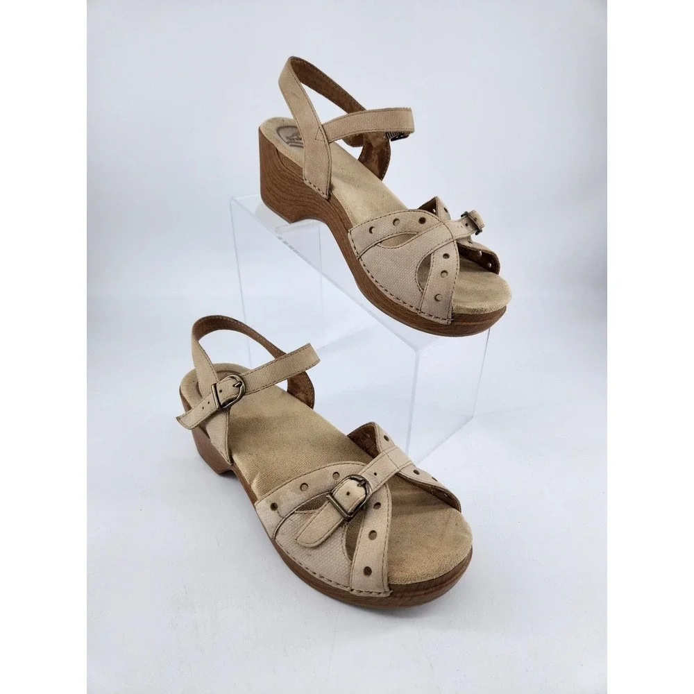 Dansko‎ Sissy Wedge Heel Sandals Womens 38 Tan Leather Perforated Buckle