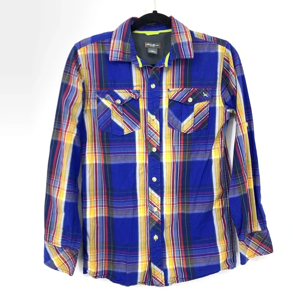 Eddie Bauer Kids XL‎ Shirt Button Down Top Blue Yellow Plaid Long Sleeve Cotton