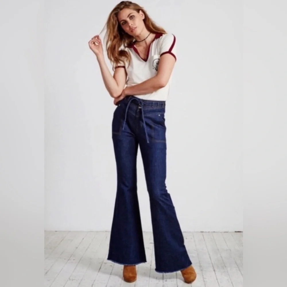 Some Days Lovin Orion High Waist Flare Jeans Fringed Dark Wash Tie Belt