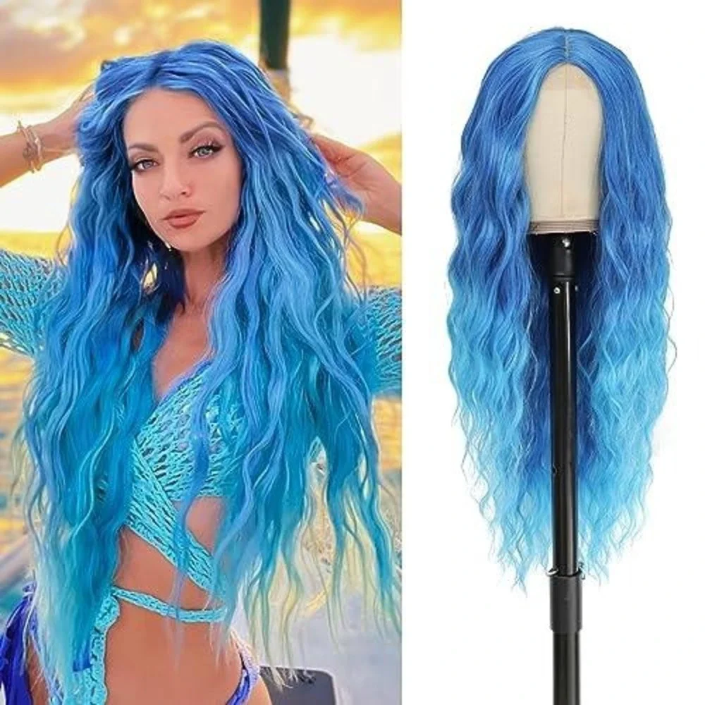 Long Wavy Blue Ombre Wig Mermaid Cosplay Synthetic‎ Heat Resistant Hairpiece