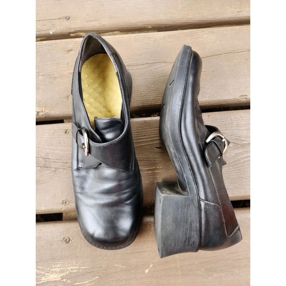 Vintage 90s y2k‎  Black Leather Chunky Block Heel Monk Strap Loafers Size 8M