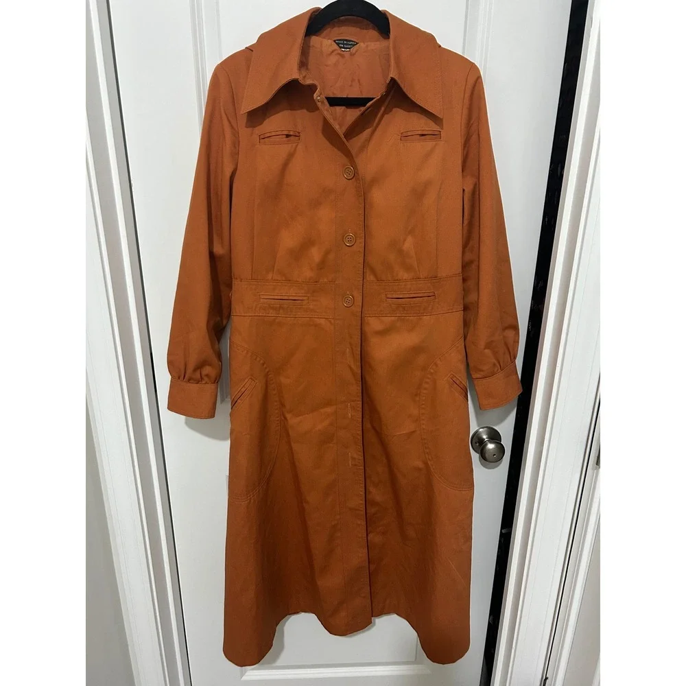 Vintage‎ orange Button Front Hooded Trench Coat Dress Midi Length small luxury
