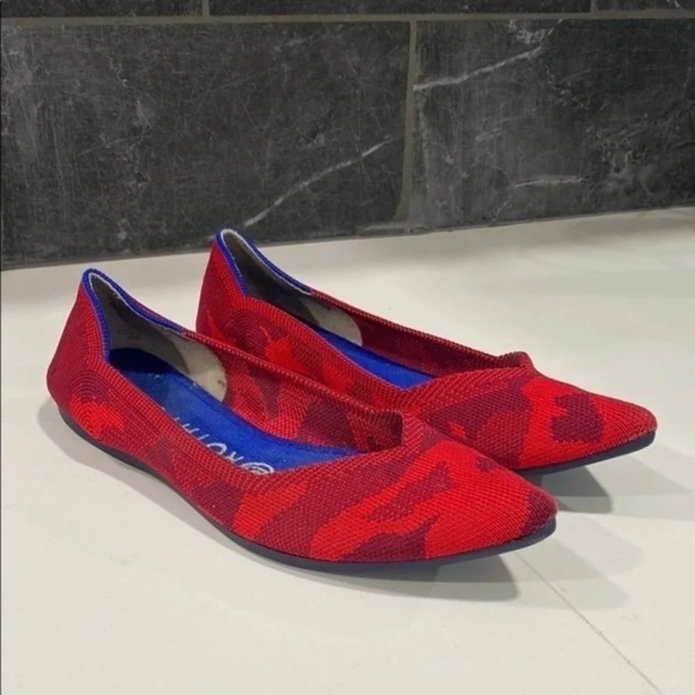 Rothy's Red Camo Knit Point Toe Slip On Ballet Flat Shoes Size‎ 7.5 RETIRED
