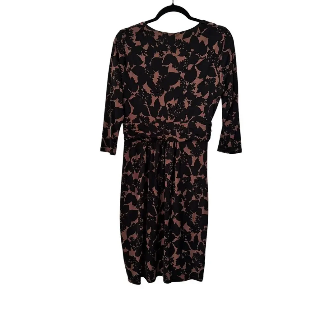 Boden Dress Size 12R Brown‎ Black Floral Print Ruched Waist Jersey Scoop Neck