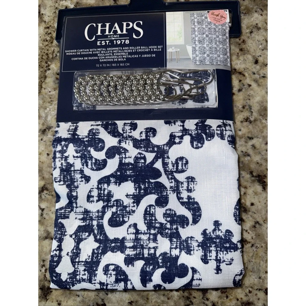 NEW Chaps Home Shower Curtain‎ w/Roller Ball Hooks 72