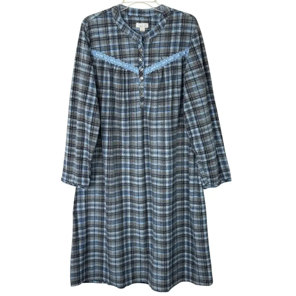 Vintage Fleece Nightgown Blue Plaid Plus Size 2X Grandmacore Cottagecore