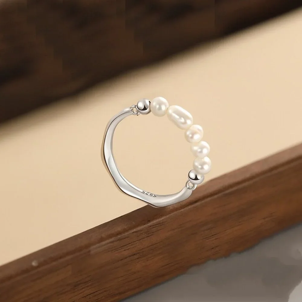 Women's Two-Tone Adjustable Ring: Sterling Silver & Pearl Boho Minimalist Dainty
