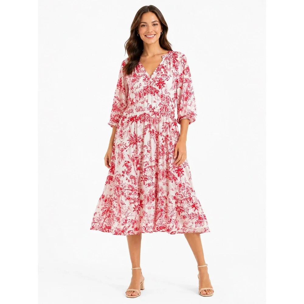 HM LOGG Red White Tropical Toile Tiered Midi Dress‎ V-Neck Drawstring Medium
