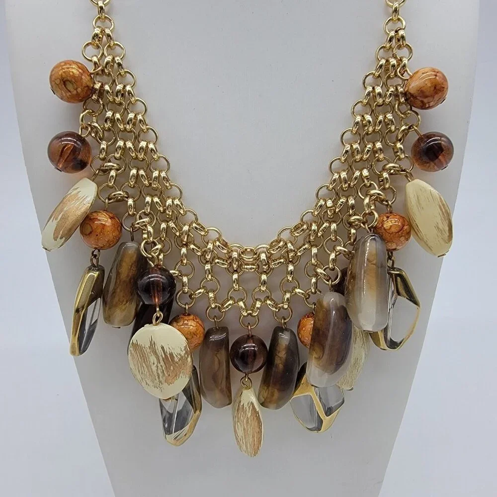Bohemian Boho Statement Necklace Glass Multicolored Bead Gold toned  18” Braided