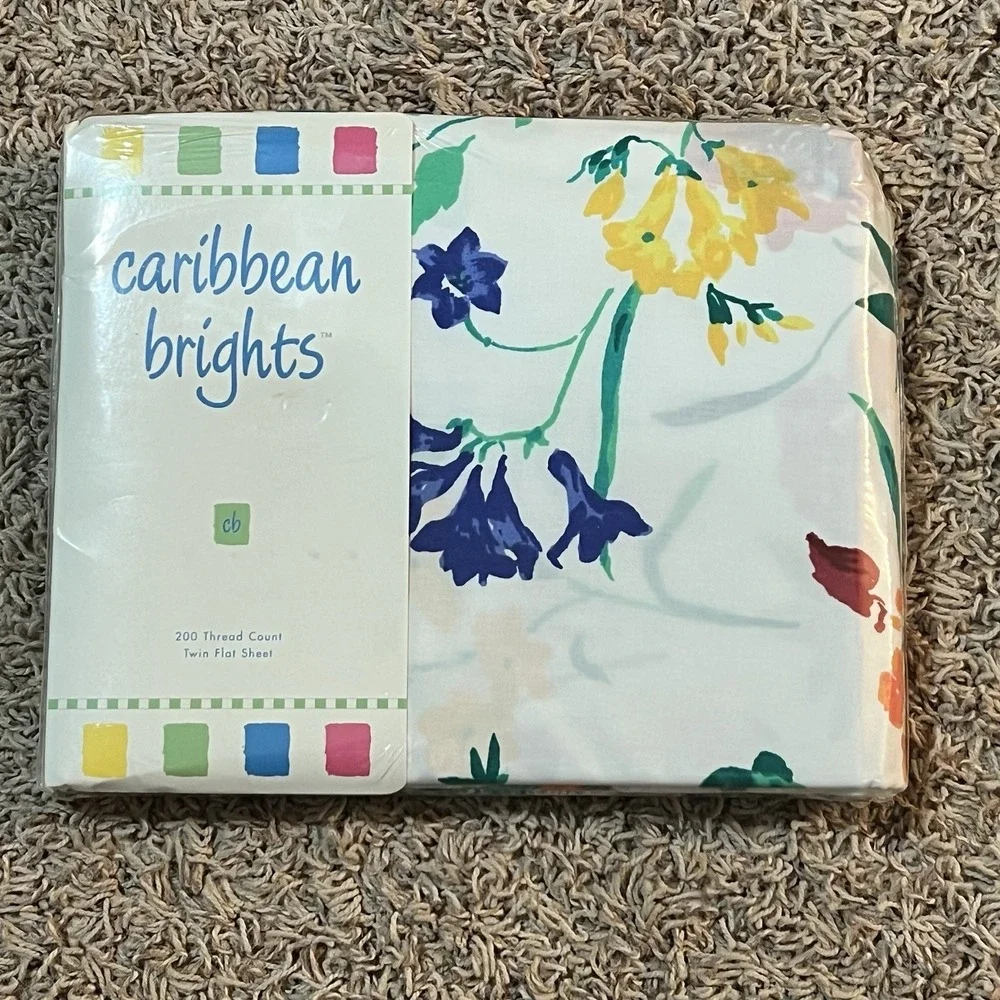 Caribbean‎ Brights Vintage 80s 90s Tropical Floral Twin Flat Bed Sheet NEW!