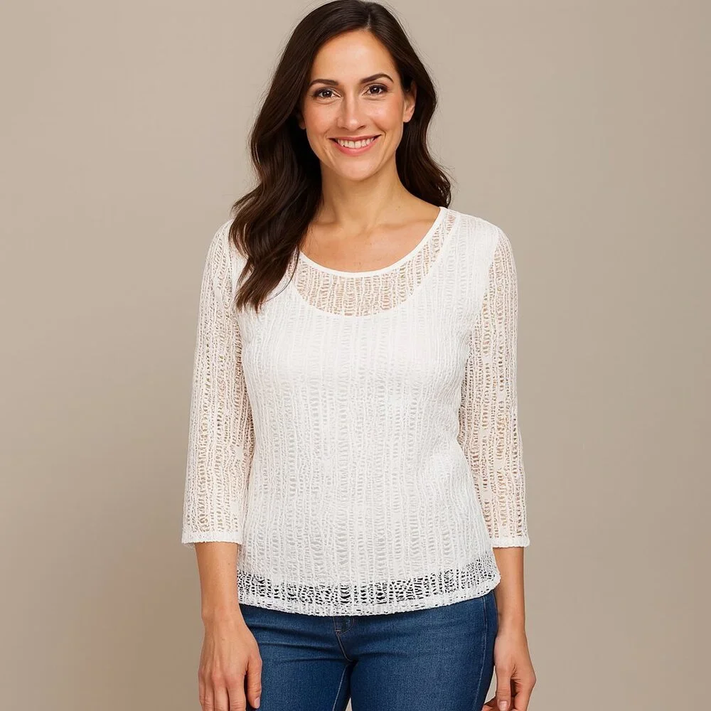 Peck & Peck Elegant White Crochet Lace Top w/ Camisole | 3/4 Sleeve | Size M