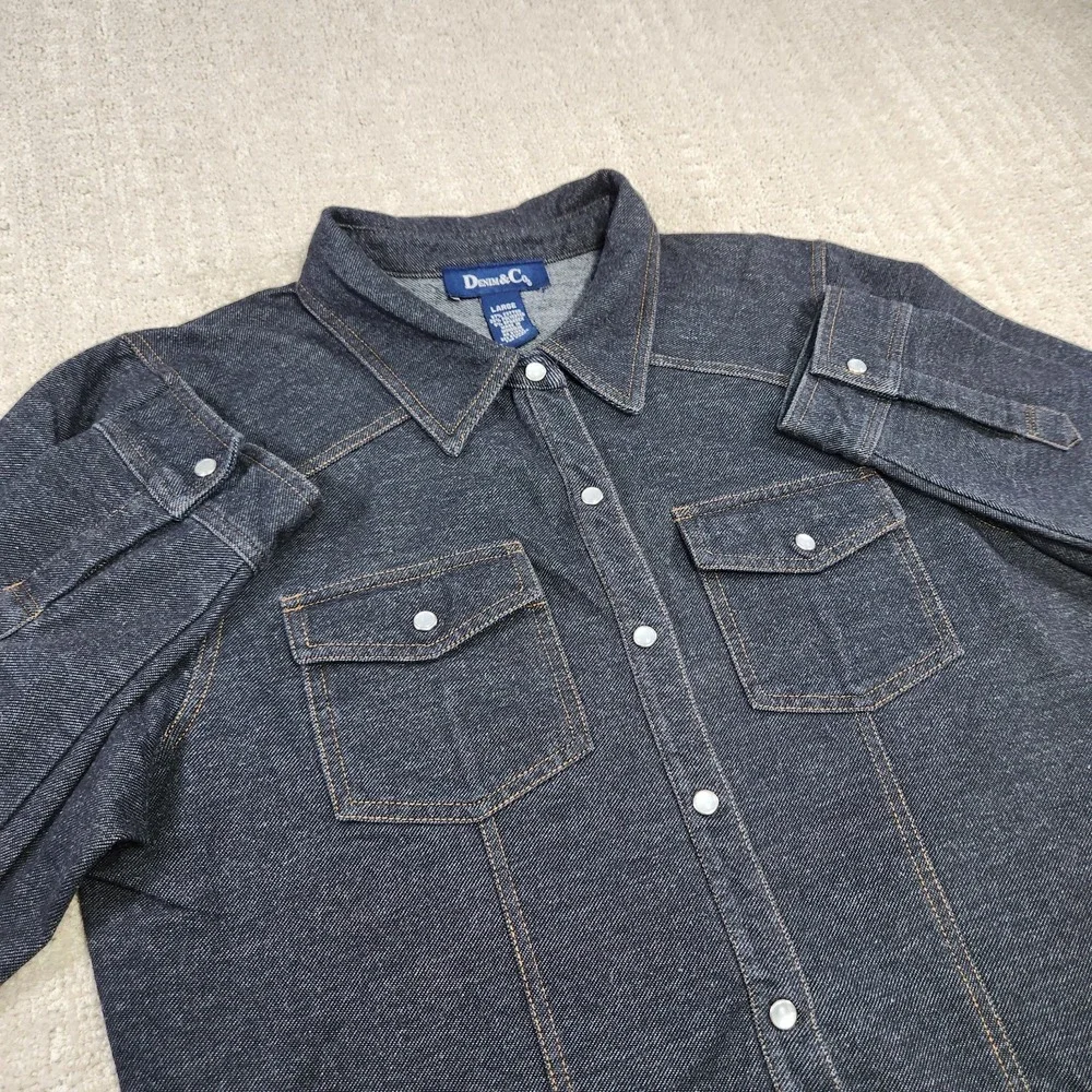 Denim & Co Pearl Snap Shirt Women Large Soft‎ Stretch Denim Dark Cowgirl Rodeo