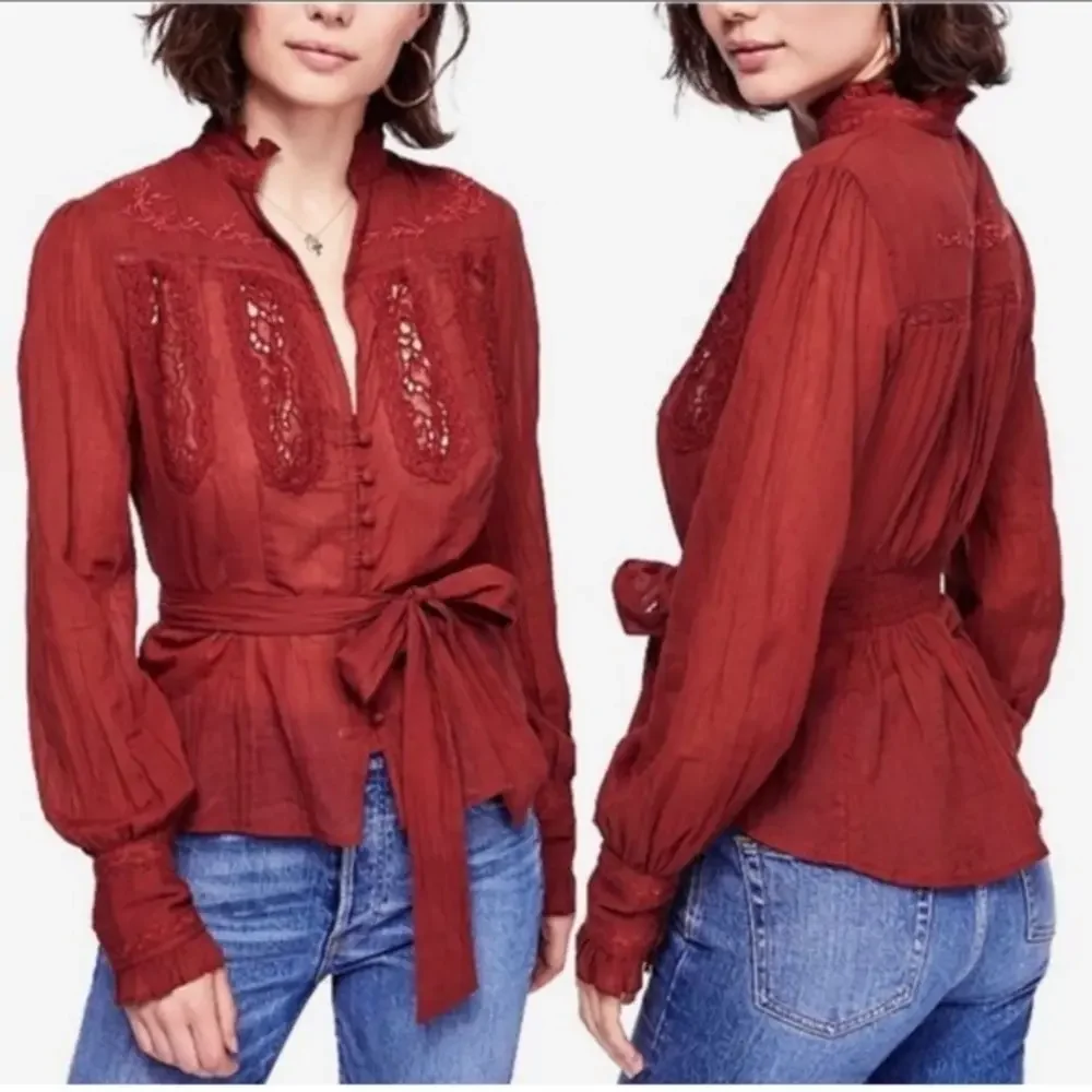 Free people Rust Button Down Sweet Memories Top Blouse  Sz Medium‎
