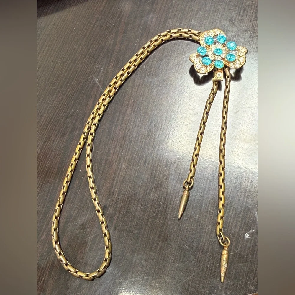 Vintage Clover Rhinestones‎ Bolo Style Slider Necklace Blue Turquoise Floral