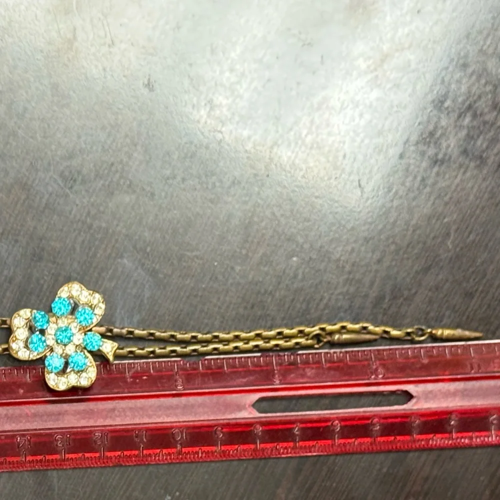 Vintage Clover Rhinestones‎ Bolo Style Slider Necklace Blue Turquoise Floral