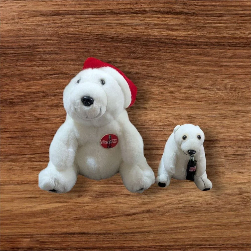 Coca-Cola Polar Bear Plush Set With Santa Hat & Bottle‎ Collectible 1993 Vintage