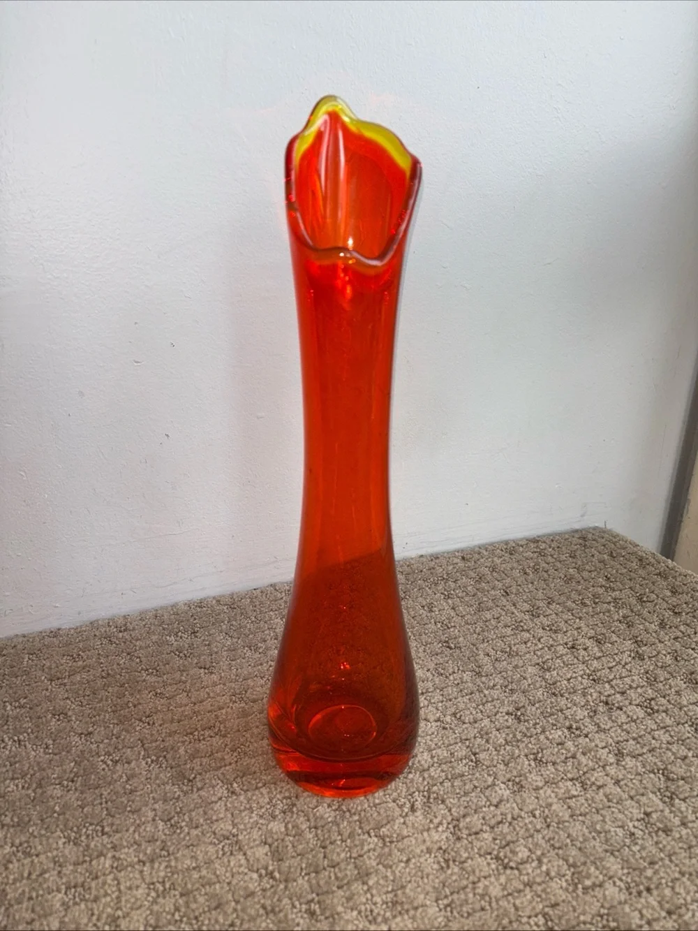 Vintage Viking glass orange Bud Vase with Yellow scalloped Rim