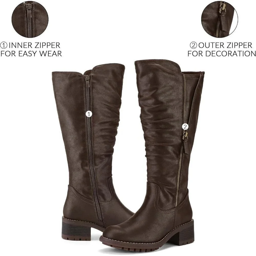 Women's Coffee Mysoft Knee High Boots Chunky Heel Lug Sole Side Zipper 2 Inch