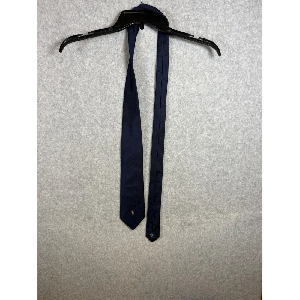 Polo Ralph Lauren Navy Blue Silk Tie Hand Made in Italy Embroidered Pony Logo