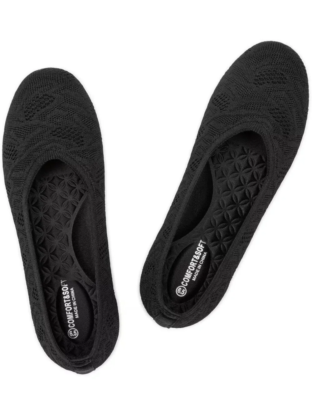 Women Black Round Toe Knit Dress Low Wedge Slip On Ballerina Ballet Flat Shoes