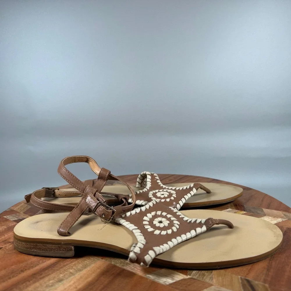 Jack Rogers Womens Brown Leather Whipstitch Medallion Ankle Strap Sandals 8M