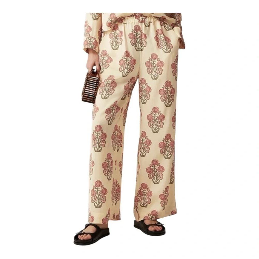 J. Crew Cream and tan Floral Wide Leg Pants