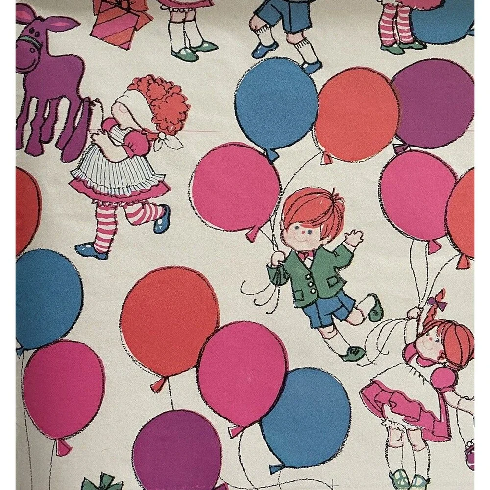 Vintage Juvenile Birthday Wrapping Paper Sheet Boy Girl Balloons Games 30”x19”