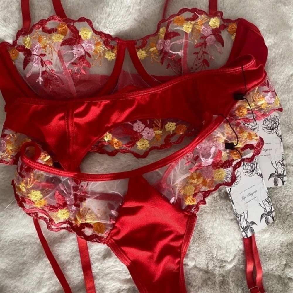 Dolls Kill Red Floral Embroidered Satin Lingerie Set