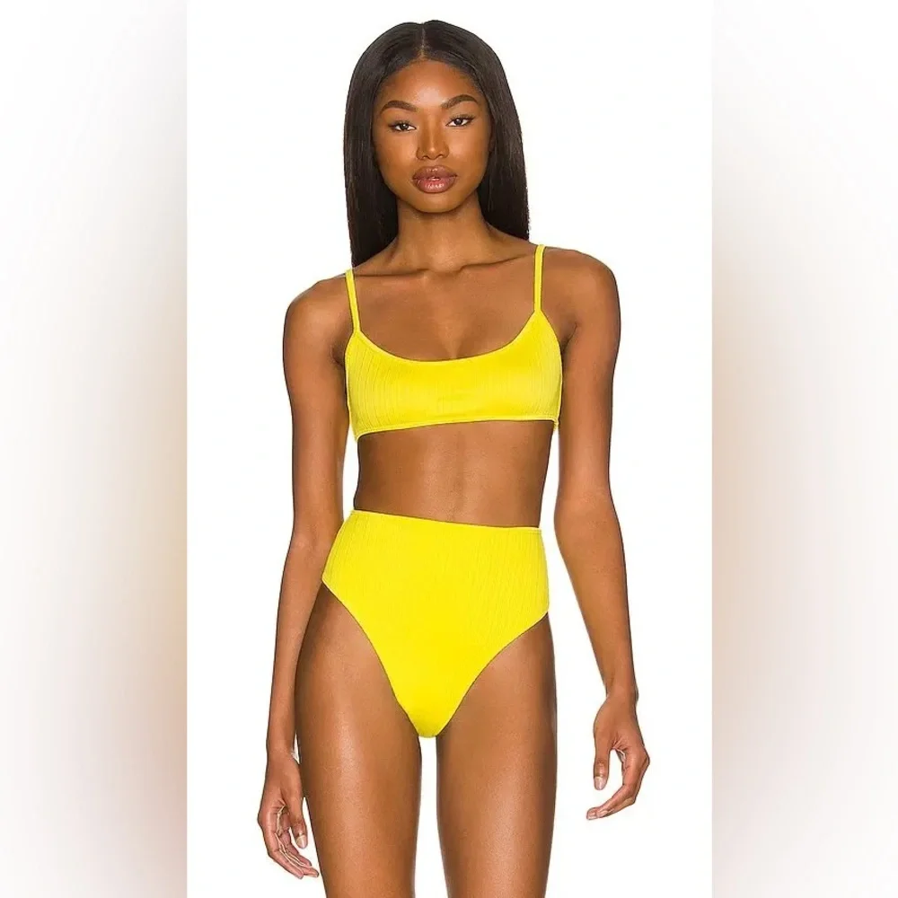 Frankie’s Bikinis high waisted high cut yellow bikini set M