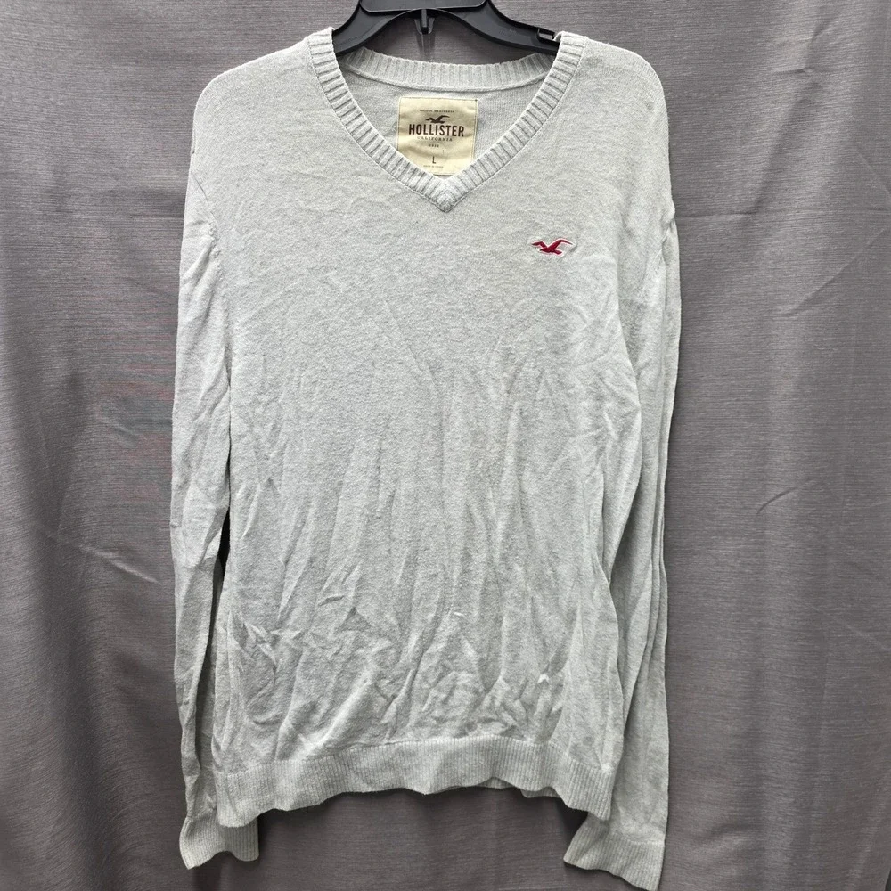 Vintage Y2K Hollister Mens V-Neck Sweater Gray Long Sleeve Seagull Logo Size L