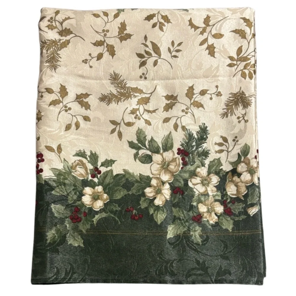 Vintage Table Cloth Luxury Holiday Christmas Floral Holly Ivory Cream Gold Green