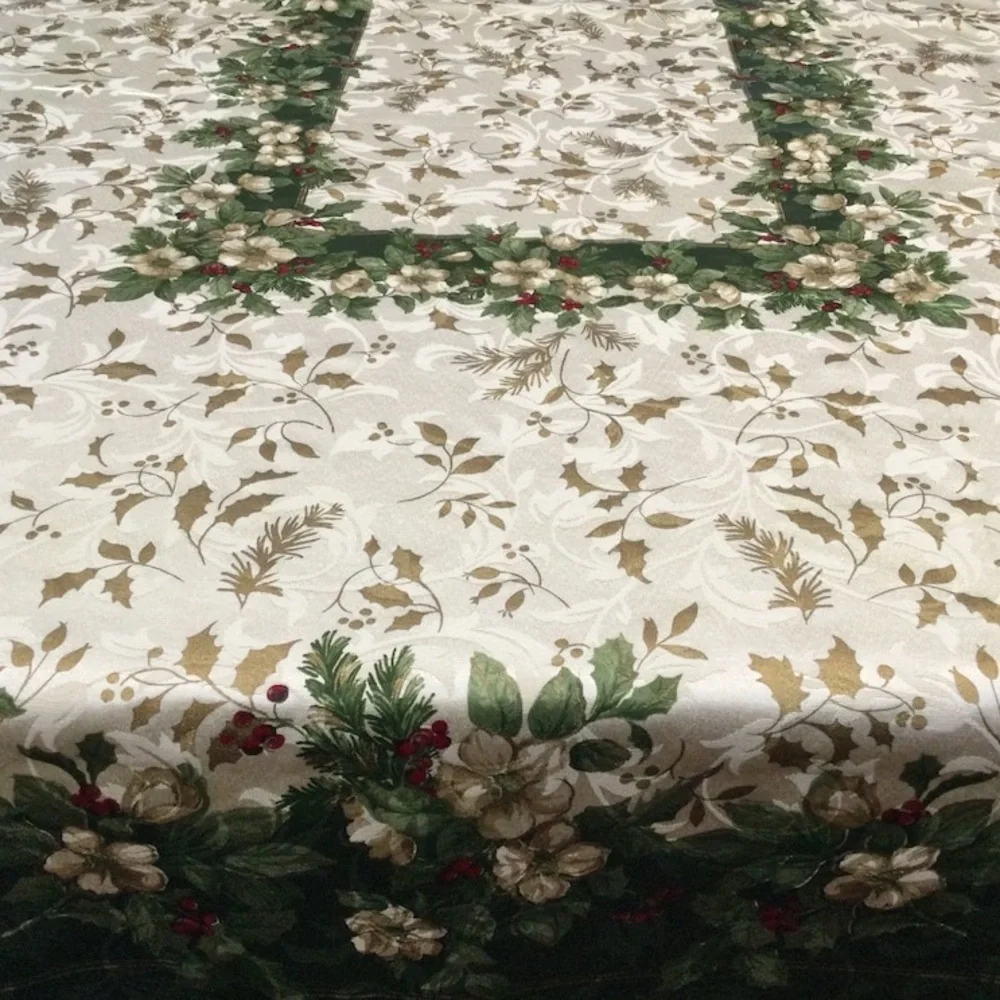 Vintage Table Cloth Luxury Holiday Christmas Floral Holly Ivory Cream Gold Green