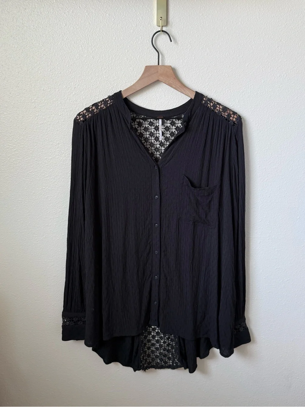 Free People Black woven-Panel Button Down Shirt