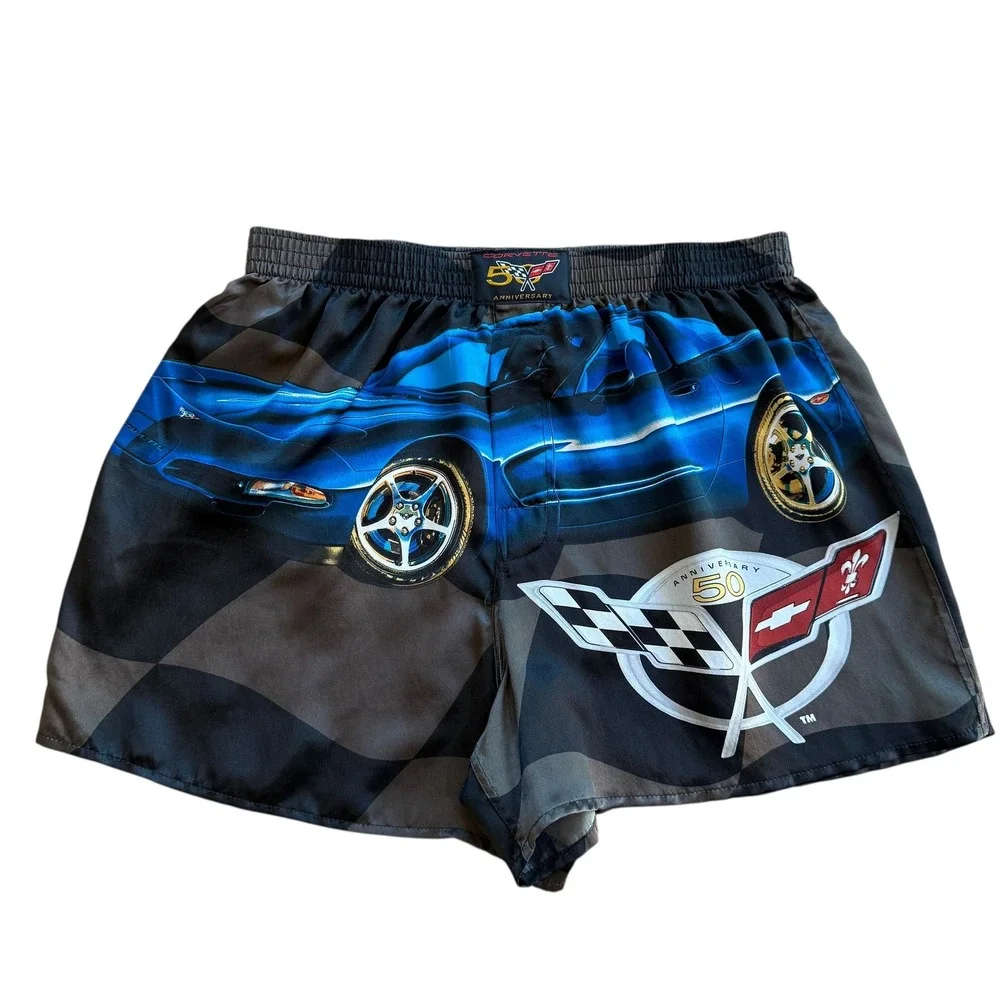 Corvette 50th Anniversary Mens Silk‎ Boxer Shorts Blue Racing Car  M 32-34