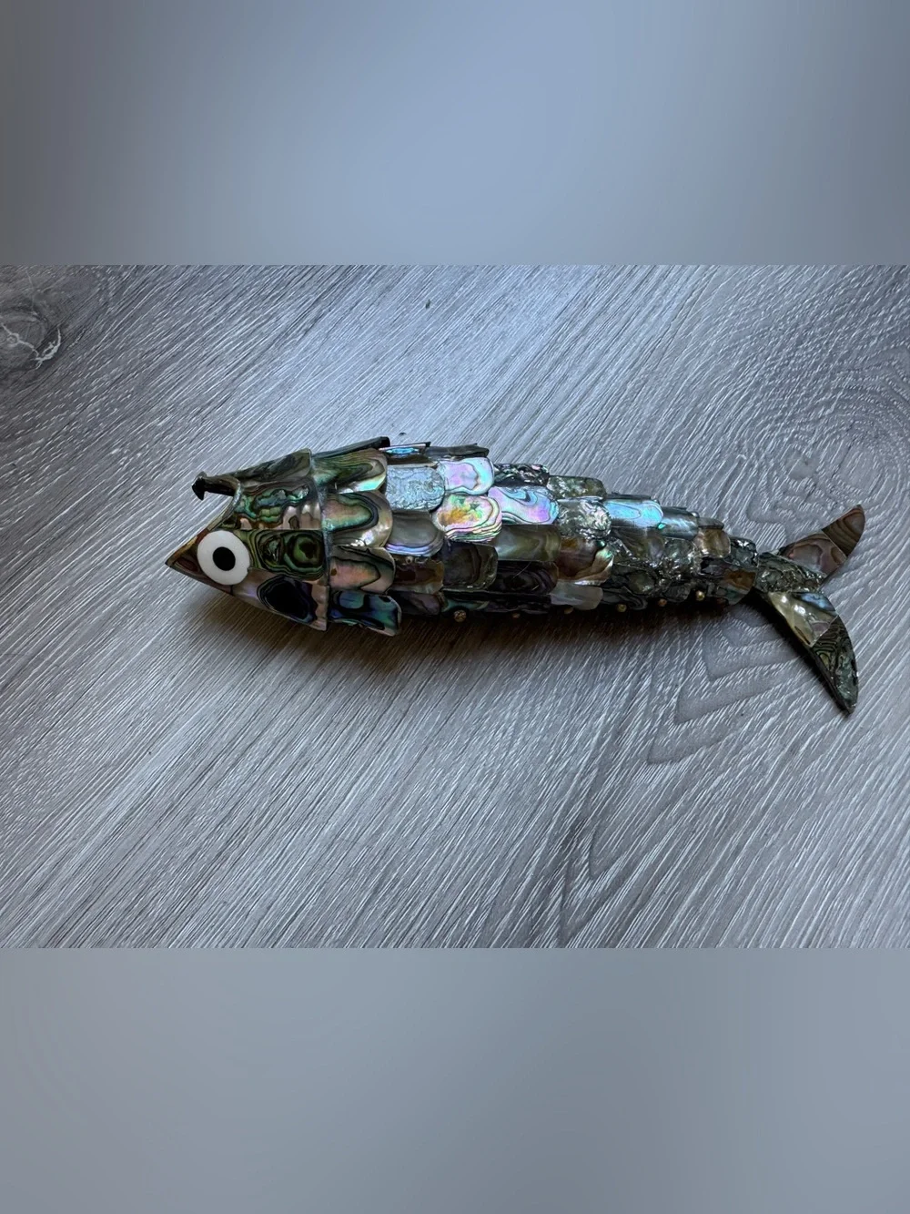 Vintage Articulated Abalone Fish bottle open Mexican silver